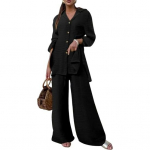 2 vnt./komplektas Moteri&scaron;ki mar&scaron;kiniai Kelnių rinkinys Vienspalvis Nuleidžiamas apykaklė ilgomis rankovėmis Vidutinio ilgio Vir&scaron;utinė plati kojelė elastinga juosmuo Laisvos kelnės į darbą ir atgal Drabužiai Palaidinė L pilka