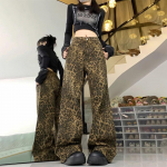 Unisex Retro Leopardo Ra&scaron;to Plačių Klesnių Džinsai &ndash; Madingi Vasariniai Laisvo Kirpimo Kasdieniai Kelnės su Diržu L