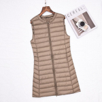 Moteri&scaron;ka žieminė lengva O formos kaklo be apykaklės, plona, ​​vienspalvė striukė su užtrauktuku, &scaron;ilta liemenė M-4XL XL chaki