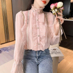 2023 m. klostuotas Blusas Paprasti raukiniai nėriniuoti mar&scaron;kiniai, platėjantys ilgomis rankovėmis, raukiniai, stovintys apykakle Palaidinė, moteri&scaron;ka, madinga, eleganti&scaron;ka palaidinė 30049