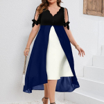 Pavasaris, vasara, didesnio dydžio moteri&scaron;ki drabužiai Eleganti&scaron;ki madingi drabužiai i&scaron; pečių, V kaklo, &scaron;ifono dirbtinė dviejų dalių netaisyklinga suknelė 4XL mėlyna