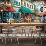 3D tapetai Retro Rankomis pie&scaron;ti europieti&scaron;ko stiliaus gatvės kampinis pastatas restoranas kavinė, freska, fonas, sienų dekoras, freska