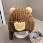 Knitted Baby Cap With Earflaps Cute Bear Pompom Kids Hat Beanie Warm Autumn Winter Boys Girls Ear Protection Bonnet Caps smėlis