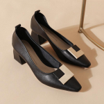 -Odiniai storapadžiai vienos eilės batai moteri&scaron;ki vidutinio kulno auk&scaron;takulniai prancūzi&scaron;ko temperamento mink&scaron;tos odos nuogi kvadratiniu priekiu senelių batai cm 34 juoda