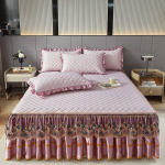 3 dalių miegamojo komplektas Auk&scaron;tos klasės kri&scaron;tolinio aksomo lovos sijonas Trijų dalių komplektas su storiu nėrinių apvadu, Korėjos princesės stiliaus &scaron;iltas ir neslystantis čiužinio užvalkalas 150*200cm