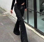 Retro Grynos Juodos Kniedžių Dizaino Diržas Dekoratyvinės Lieknos Kelnės Moterims Y2k Harajuku Goth Žemu Juosmeniu Platėjančios Kelnės L juoda