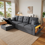 Modulinė L formos sofa su laisvai statomu daiktadėže-pufiku, dviguba porankių daiktadėžė, įkrovimo jungtimis abiejuose porankiuose ir LED nuotaikos ap&scaron;vietimu 253 x 144.5 x 80.7 cm