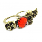 Les Tr&eacute;sors De Lily [K1911] - Bague double 'T&ecirc;te de Mort' rouge dor&eacute;