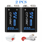 CITYORK 9V 650mAh li-ion Rechargeable battery micro USB Batteries 9V lithium batteries for Multimeter Toys Remote Control
