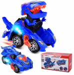 2 viename transformuojantys dinozaurų žaislai Automatinis dinozaurų transformatorius žaislas su LED &scaron;viesa ir muzika Elektrinės transporto priemonės žaislai Automobilis 2 metų ir vyresniems vaikams Dovana 20.5x11x9cm mėlyna