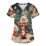 Moteri&scaron;ki madingi darbo drabužiai V formos i&scaron;kirpte trumpomis rankovėmis su ki&scaron;enėmis, kalėdiniai spaudiniai XXL tamsiai mėlyna