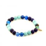 Pierres et Min&eacute;raux. Bracelet Perles Lapis Lazuli + Aigue-Marine + Agate ruban&eacute;e bleu 8 mm. Fabriqu&eacute; en France.