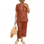 Medvilninis lininis dviejų dalių laisvalaikio komplektas moterims, laisvas V formos i&scaron;kirpte, trumpomis rankovėmis, plačios kelnės ir vasarinis laisvalaikio apranga XL