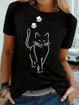 Katės ra&scaron;to mar&scaron;kinėliai trumpomis rankovėmis, apvalia apykakle, laisvalaikio palaidinė vasarai ir pavasariui. Moteri&scaron;ki drabužiai. 4XL