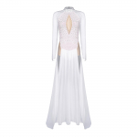 Moteri&scaron;kas blizgus kalnų kri&scaron;tolu puo&scaron;tas lyrinio &scaron;okio kostiumas ilgomis rankovėmis, atvira nugara, &scaron;ifoninis su skeltuku, vienos dalies triko suknelė XL balta