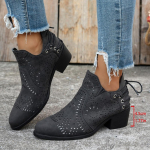 JITUUE Boots for women Casual Cut Out Low Heel Short Chunky Stacked Heel Perforated Side V Cut Western Booties Cutout Shoes 37