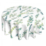 Pavasarinis gėlių ra&scaron;tas, žalsvai mėlynas ir &scaron;alavijo žalias apvalus stalo užtiesalas, 60 colių skersmens, akvarelinis eukalipto lapo ra&scaron;tas, atsparus rauk&scaron;lėms, skalbiamas Round Diameter 150CM