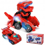 2 viename transformuojantys dinozaurų žaislai Automatinis dinozaurų transformatorius žaislas su LED &scaron;viesa ir muzika Elektrinės transporto priemonės žaislai Automobilis 2 metų ir vyresniems vaikams Dovana 20.5x11x9cm raudona