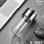 BORREY Dvigubo stiklo arbatos plikymo butelis su filtru, arbatos atskyrimas, auk&scaron;tos kokybės stiklinis vandens butelis, nepralaidus, ekologi&scaron;kas arbatos termosas Silver(200ml)