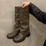 Žieminiai kauboji&scaron;ki batai moterims, mada, diržo sagtis, ilgi batai, moteri&scaron;ki eleganti&scaron;ki kvadratinio kulno moteri&scaron;ki riterio bateliai 35 chaki