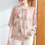 Moteri&scaron;kos sagos Vasarinė &scaron;ilko palaidinė trumpomis rankovėmis Moteri&scaron;ka eleganti&scaron;ka laisva vir&scaron;ūnė su gėlėmis, retro spausdinimu, nauji mar&scaron;kinėliai didelio dydžio mar&scaron;kinėlių vir&scaron;ūnės XXXXXL mėlyna