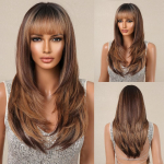 Brown Highlight sintetinis perukas Ilgi tiesūs sluoksniuoti perukai su kirpčiukais Ombre &Scaron;okoladiniai rudi Cosplay vakarėlio plaukų perukai Atsparūs kar&scaron;čiui