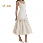 Moteri&scaron;ka vakarinė suknelė su rauk&scaron;lėmis, didelėmis svyruojančiomis plonomis, be rankovių, vienspalvės spalvos, žemo kirpimo klostuota i&scaron;leistuvių vakarėlio vidutinio dydžio suknelė iki blauzdos S smėlis