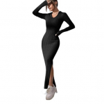 Moteri&scaron;ka pavasario rudens suknelė V kaklo i&scaron;kirpte, siūlai, ploni, ilgomis rankovėmis, iki kulk&scaron;nies, megzta elastinga Maxi suknelė apsipirkimui pasimatymų vakarėlio suknelė L juoda