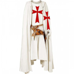 Vyri&scaron;kas viduramžių riterio kryžiuočio tamplieriaus tabardo Helovino kostiumas su gobtuvu, apsiaustas chalatas, Cosplay renesanso kostiumo suknelė 5XL balta