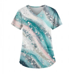 Didelio dydžio spausdinti &scaron;veitimo uniformos vir&scaron;ūnės, skirtos moteri&scaron;kiems V formos i&scaron;kirptės trumpomis rankovėmis, linksmais mar&scaron;kinėliais Darbo mar&scaron;kinėliai su ki&scaron;enėmis L mėlyna