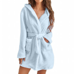 2024 Europe & America Women's Plush Hooded Pajamas Bathrobe - Solid Color M dangaus mėlyna spalva