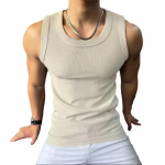 Vyri&scaron;ka sportinė liemenė apvaliu kaklu be rankovių prigludusi elastinga vienspalvė mar&scaron;kinėlių tipo vir&scaron;utinė dalis su briaunomis sportui ir fitnesui XL chaki
