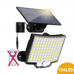 Saulės &scaron;viesos lauko 106 LED ypač ry&scaron;kus judesio jutiklis Saulės energijos stiprios galios LED sodo sieninė lempa IP65 vandeniui atspari 4 darbo režimai 106 LED-NO Control