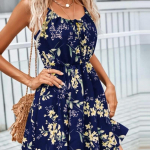 Seksuali vasarinė suknelė be nugarų su gėlėmis, be rankovių, laisvalaikio suvarstoma tamsiai mėlyna mini suknelė eleganti&scaron;ka Vestidos 25036 S juoda