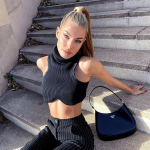 Y2k juoda mezgimo turtleneck Crop Top Moterų Sexy Nereguliarus Skinny Elastic Top Top mados Klubo Top Streetwear S juoda