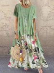 Vasaros naujos mados &bdquo;Vestidos&ldquo; moteri&scaron;ka laisvalaikio eleganti&scaron;ka medvilninė ramė spauda su dideliu apvadu, laisva plius dydžio vintažinė paplūdimio midi suknelė M-5XL L žalia