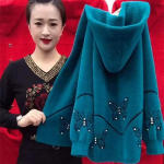 Vidutinio amžiaus pagyvenusios mamos imitacija audinės aksominis paltas rudens žiemos storas gobtuvas megztinis moteri&scaron;kas megztas &scaron;varkas L