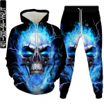 Vyri&scaron;ki sportinio kostiumo rinkiniai Hip Hop Punk Skull Fire 3D spausdinti gobtuvai Bėgiojimo kelnių kostiumas Auk&scaron;tos kokybės moteri&scaron;ki gatvės drabužiai plius dydžio S-6XL XL blue