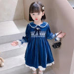 Mergaičių aksominė suknelė Lolita Princesė Siuvinėtos Storos Suknelės Vaiki&scaron;ka Mada Rudens Žiemos Nėriniai Piterio Peno apykaklės suknelė Vaiki&scaron;ki Drabužiai 8T mėlyna