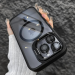 Prabangus magnetinis smūgiams atsparus telefono dėklas, skirtas iPhone 16 15 14 13 12 11 Pro Max Plus Funda stovo stiklo objektyvo apsauga galinis dangtelis iPhone 12 Pro juoda