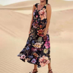 Patogi moteri&scaron;ka laisvalaikio medvilninė suknelė be rankovių su gėlėmis