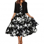 2 vnt./komplektas Moteri&scaron;kas palto suknelių rinkinys Pusiau rankovių vienspalvių megztinių su gėlėmis ra&scaron;tu V kaklo berankovių A formos suknelių oficialaus važinėjimo į darbą ir atgal stiliaus moteri&scaron;kų midi suknelių rinkinys XXL