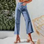 Pavasario moteri&scaron;ki madingi laisvalaikio džinsai auk&scaron;tu liemeniu plačiomis kojomis