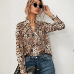 Spausdinti Snake Vintage Moteri&scaron;ki mar&scaron;kiniai ilgomis rankovėmis Pavasaris ir ruduo Moteri&scaron;ka Palaidinė Biuro mar&scaron;kinėliai V formos i&scaron;kirpte Vir&scaron;utiniai drabužiai Blusas Mujer 22096 S chaki