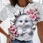 Moteri&scaron;ki mar&scaron;kinėliai su 3D spausdinimu Kawaii Cat Gėlėta grafika Laisvalaikio mar&scaron;kinėliai trumpomis rankovėmis Vir&scaron;utiniai madingi vasariniai mar&scaron;kinėliai su Y2K i&scaron;kirpte Y2K mar&scaron;kinėliai mergaitėms S
