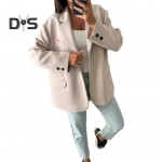 Moteri&scaron;ka rudens žieminė striukė &scaron;ilta stora apykakle Laisva laisvalaikio vilnonė paltas Vienaeilis, vienspalvis, ilgomis rankovėmis vir&scaron;us M balta