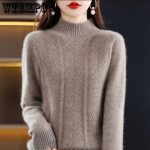 Gryno ka&scaron;myro spalvos megztinis, moteri&scaron;kas rudens ir žiemos megztinis su pusiau auk&scaron;ta apykakle, laisvalaikio ilgomis rankovėmis mezgimo apatinis megztinis One Size kupranugaris