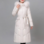 Žieminė ilga pūkinė striukė su tikros odos apykakle moterims, vintažinis parkas su gobtuvu, eleganti&scaron;kas, storas, &scaron;iltas, su baltų ančių pūkais, moteri&scaron;kas vir&scaron;utinis drabužis XL balta