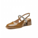 Madingi vasariniai Mary Jane basutės su auk&scaron;tu kulnu ir kri&scaron;tolo dekoruotomis juostelėmis 2024 m. Naujos kasdienės uždaros nosies basutės su vidutiniu kvadratiniu kulnu 34-40 34 ruda