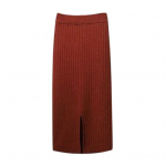 Moteri&scaron;kas mezgimo sijonas auk&scaron;tu juosmeniu, nugaroje, skeltuku, vienspalvis midi sijonas chaki